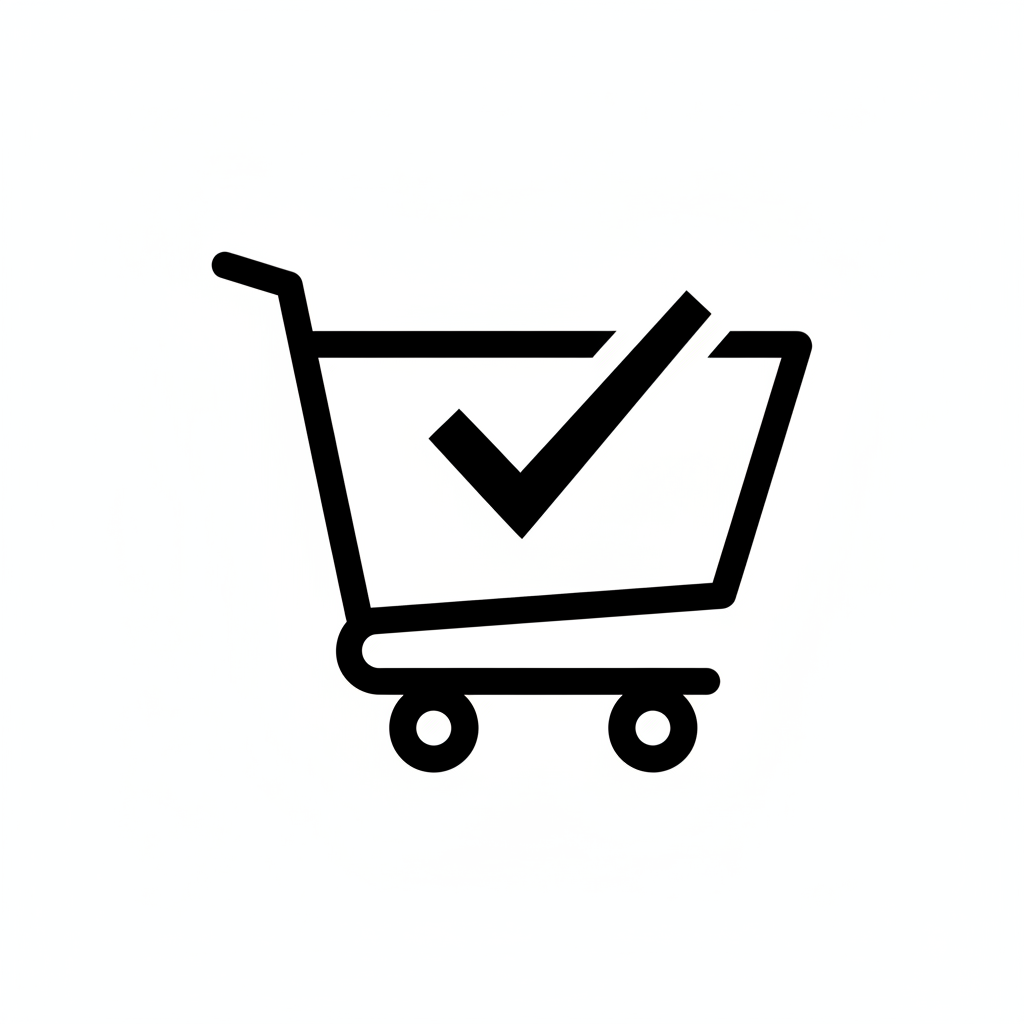 GENERATE A SHOPPING CART ICON IN BLACK WITH A CHECKMARK IN IT. THE BACKGROUND SHOULD BE WHITE.